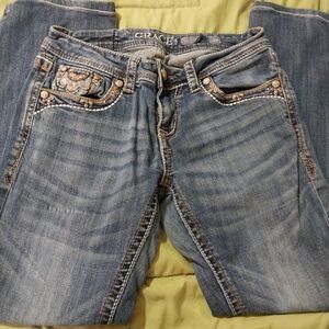 Grace Blue Boot Cut Jeans with Vintage Distressing